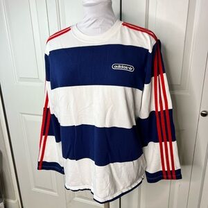 Adidas Originals Navy and White Striped Long Sleeve with Red Accents size M
